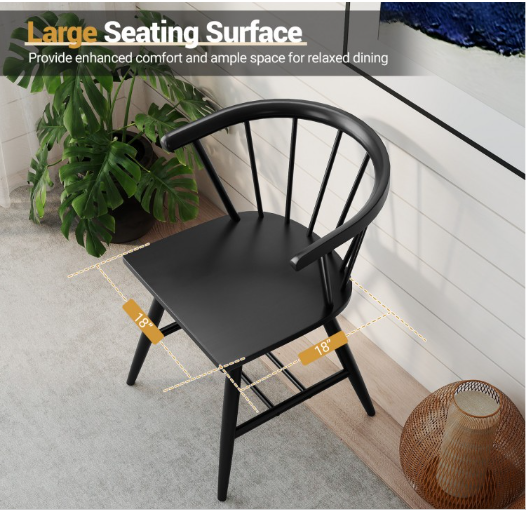 Windsor Dining Chair Set of 2 Mid-Century Modern Black Kitchen Chairs-Black