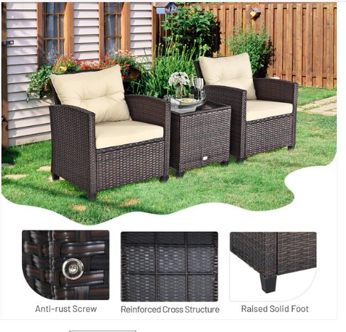 3 Pieces Patio Rattan Furniture Set with White Cushions, (1 Box, Unassembled)