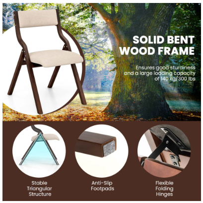 Set of 2 Wooden Folding Dining Chair with Linen Fabric Padded Seat and Backrest-Coffee