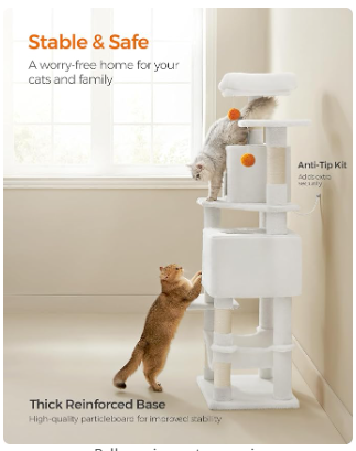 (Unassembled) - Cat Condo, cat tree, 61-Inch Cat Tower with 5 Scratching Posts, 2 Perches, 2 Caves, Hammock, 2 Pompoms, Cream White (1 Box, Unassembled)
