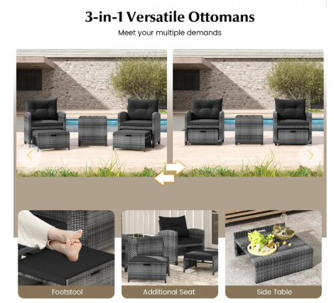 5 Piece Patio Rattan Furniture with 2 Ottomans and Tempered Glass Coffee Table-Black (Assembled)
