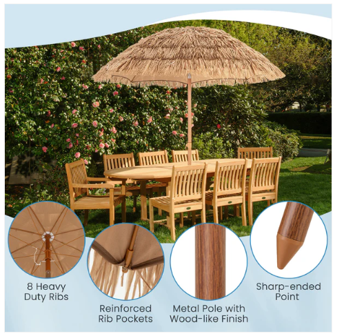 6 Foot Thatched Tiki Umbrella with Foldable Stand Push Button Tilt-Natural (Missing Carry Bag)