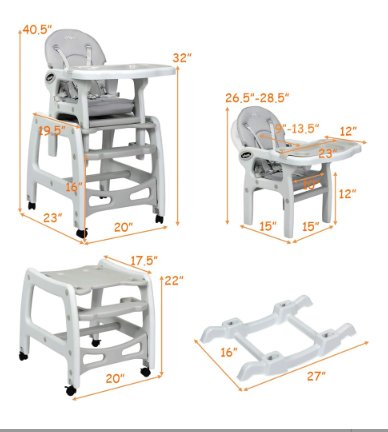 3 in 1 Baby High Chair w/ Adjustable Seat Back and Removable Trays - Grey (Assembled)