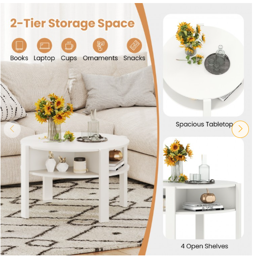 29.5 Inch Round Coffee Table with Storage Shelves for Small Space-White