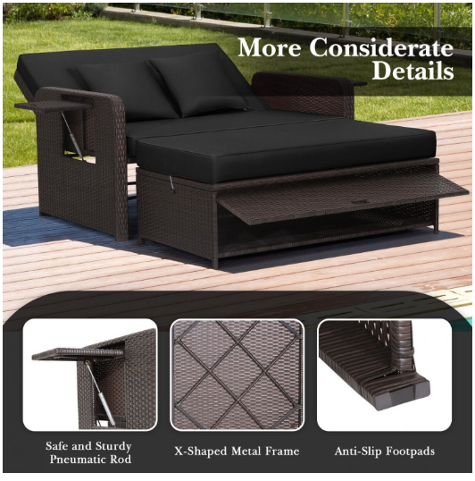 Patio Rattan Daybed with 4-Level Adjustable Backrest and Retractable Side Tray-Black (Assembled)