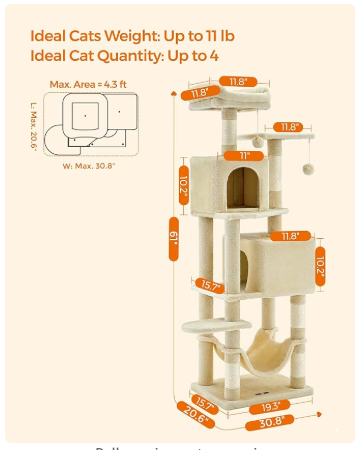 (Unassembled) - Cat Condo, cat tree, 61-Inch Cat Tower with 5 Scratching Posts, 2 Perches, 2 Caves, Hammock, 2 Pompoms, Beige (1 Box, Unassembled)