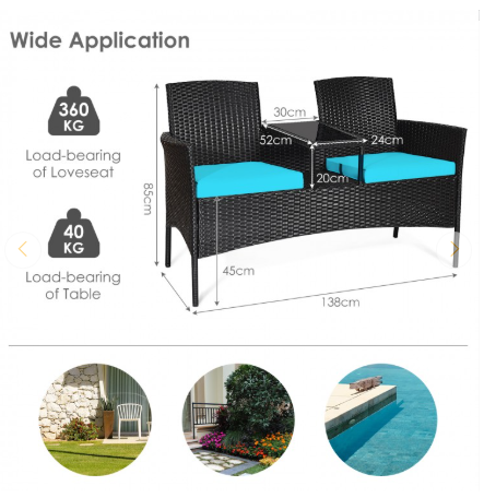 Patio Rattan Cushioned Table Chairs Chat Set - Ours is Turquois (Assembled)