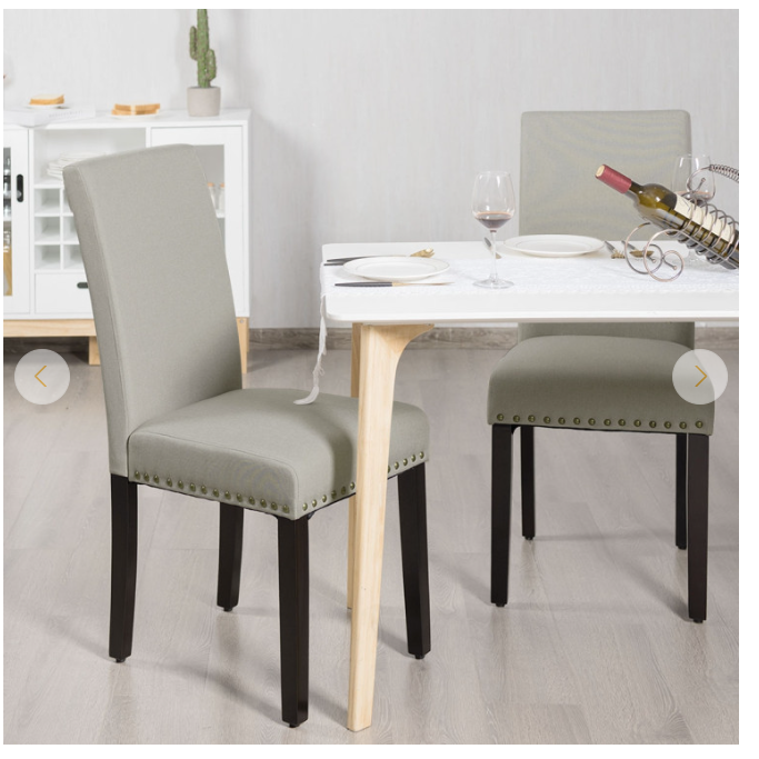 Set of 2 Fabric Dining Chairs Upholstered w/ Nailhead Trim Beige
