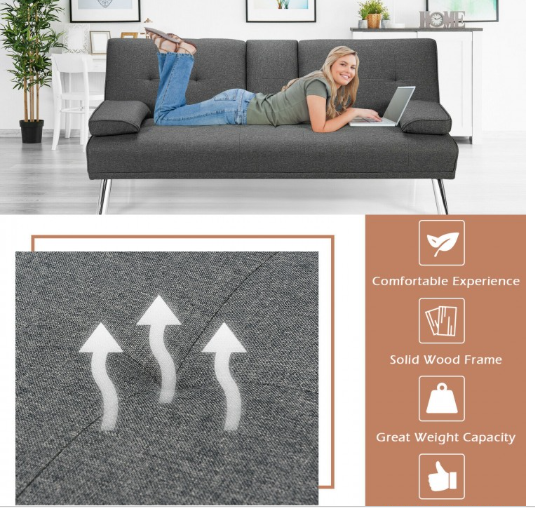 Convertible Folding Futon Sofa Bed Fabric with 2 Cup Holders-Grey