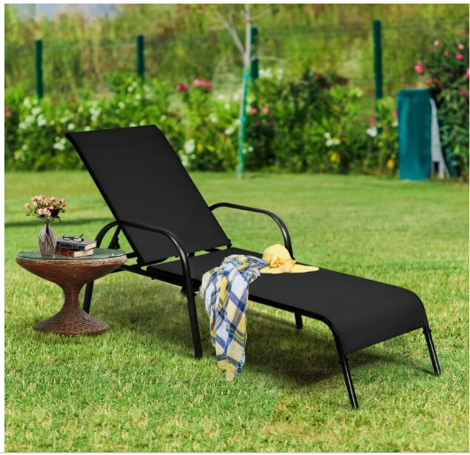2 Pieces Outdoor Patio Lounge Chair Chaise Fabric with Adjustable Reclining Armrest-Black