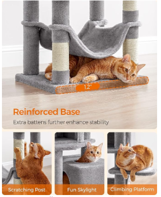 (Unassembled) - Cat Condo, cat tree, 61-Inch Cat Tower with 5 Scratching Posts, 2 Perches, 2 Caves, Hammock, 2 Pompoms, Light Gray (1 Box, Unassembled)