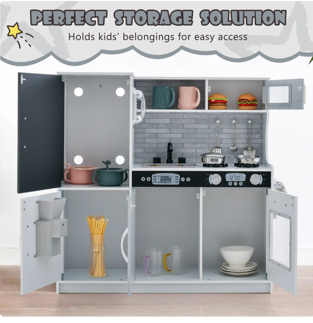 Kid's Pretend Play Kitchen Toddler Kitchen Playset with Blackboard White, (Fully Assembled)