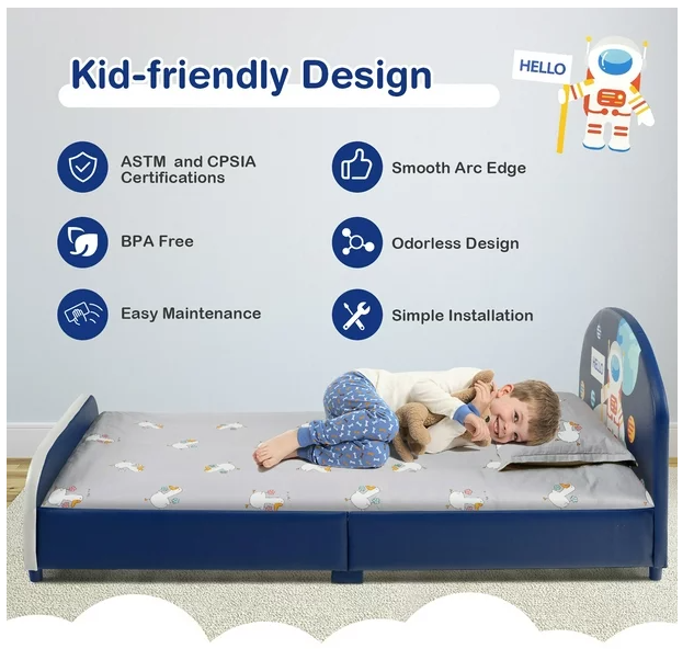 Kids Upholstered Platform Bed Frame, Astronaut Pattern, Scratch & Dent