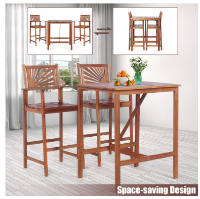 3PCS Bar Set Acacia Wood Bar Height Patio Bistro Dining Set Outdoor (Assembled)