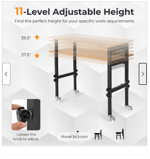 Mobile Workbench with Lockable Casters for Home or Work Use