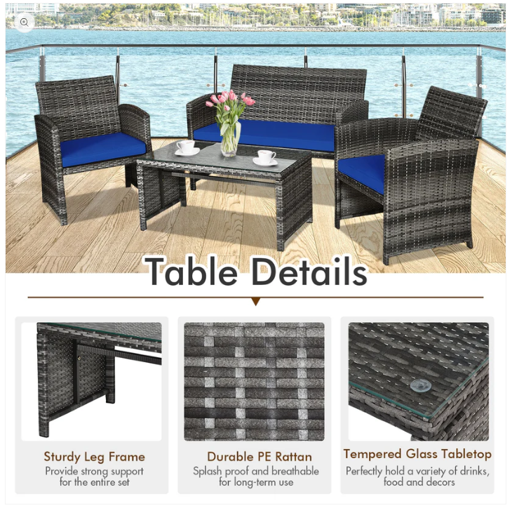 Special - 4 Pieces Patio Rattan Furniture Set with Glass Table and Loveseat-Navy (Fully Assembled)