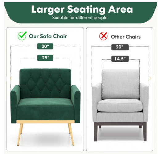 Wide Velvet Accent Chair with Button Tufted Back Golden Metal Legs