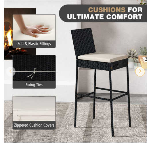 4 Pieces Patio Wicker Barstools with Seat Cushion and Footrest (Assembled)
