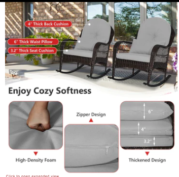 Patio Rattan Rocking Chair with Seat Back Cushions and Waist Pillow-Grey