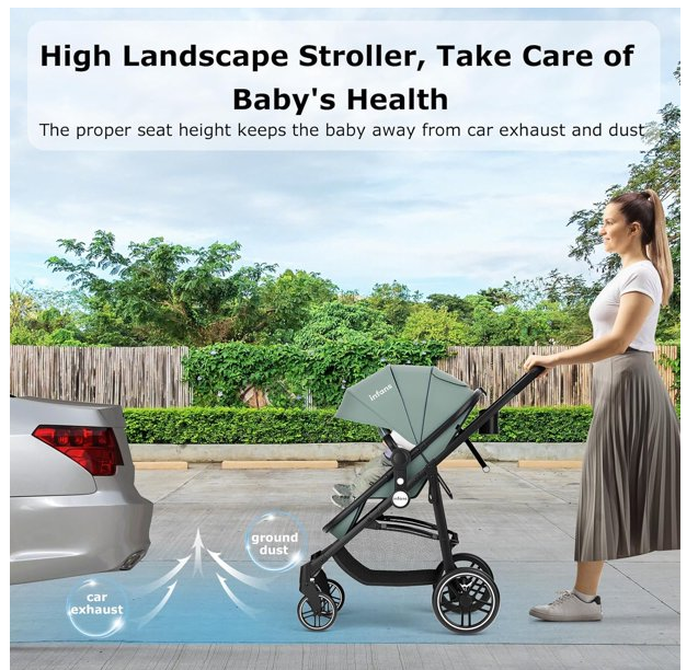 2 in 1 Baby Stroller, High Landscape Infant Stroller and Reversible Bassinet Pram with Adjustable Canopy (Grey)