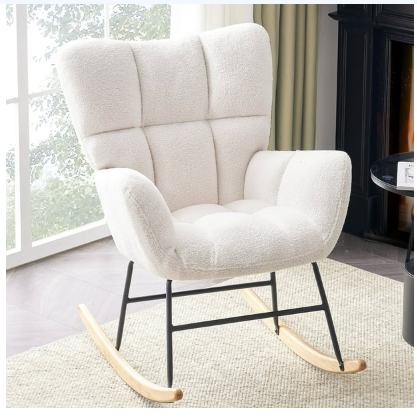 Linen Rocking Chair with High Backrest and Padded Armrests - Beige