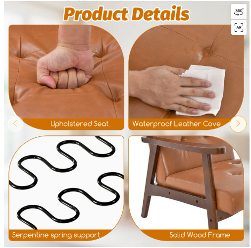 Mid Century Modern Accent Chair with Solid Rubber Wood Frame and Leather Cover-Brown (Assembled)