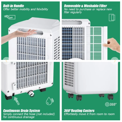 9000 BTU Portable Air Conditioner with Built-in Dehumidifier and Remote Control