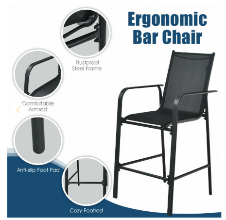 3 Pieces Outdoor Patio Bar Table Stool Set-Black (Assembled)