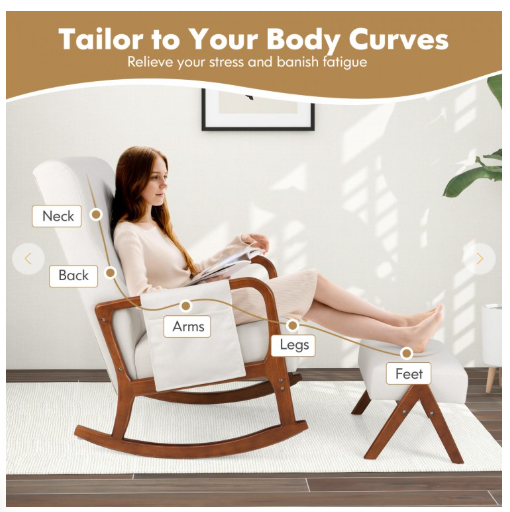 Rocking Chair with Ottoman and Padded Cushion, White (Fully Assembled)
