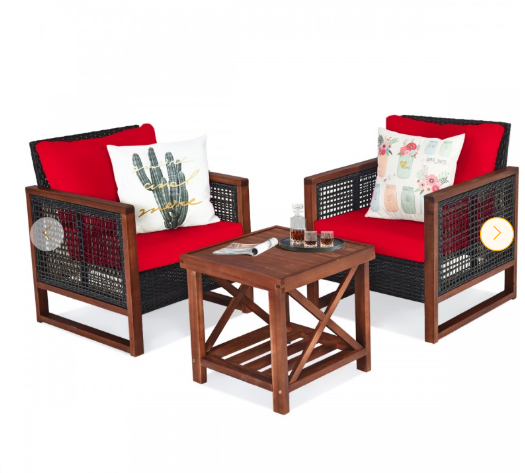 3 Pieces Acacia Wood Patio Furniture Set with Coffee Table-RED (See Description)