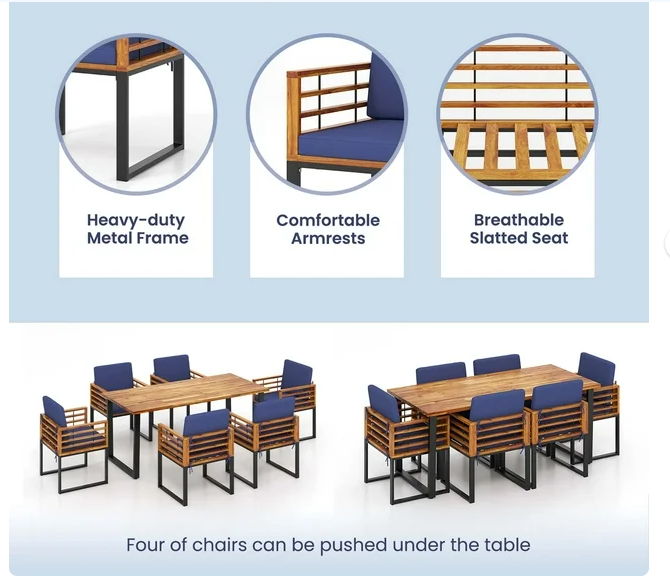 7 Pieces Patio Acacia Wood Dining Chair and Table Set for Backyard and Poolside-Navy - Fully Assembled