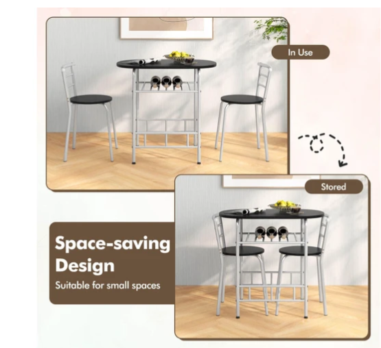 3PCS Oval Modern Bar Dining Table Set Space-saving 1 Desk & 2 Chairs w/Wine Rack Metal Frame