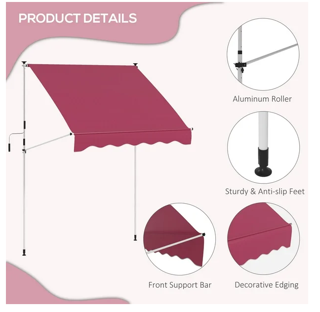 6.6'x5' Manual Retractable Patio Awning Sun Shelter, Wine Red