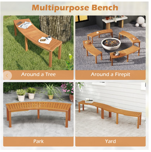 Outdoor Curved Acacia Wood Fire Pit Bench with Slatted Seat (Fully Assembled)