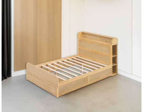 Full Size Bed Frame with Drawer, Platform Bed with Storage Headboard (2 Boxes)