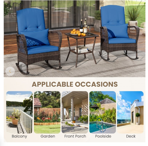 3 Pieces Rocking Bistro Set with 2-Tier Coffee Table - Navy (Fully Assembled)