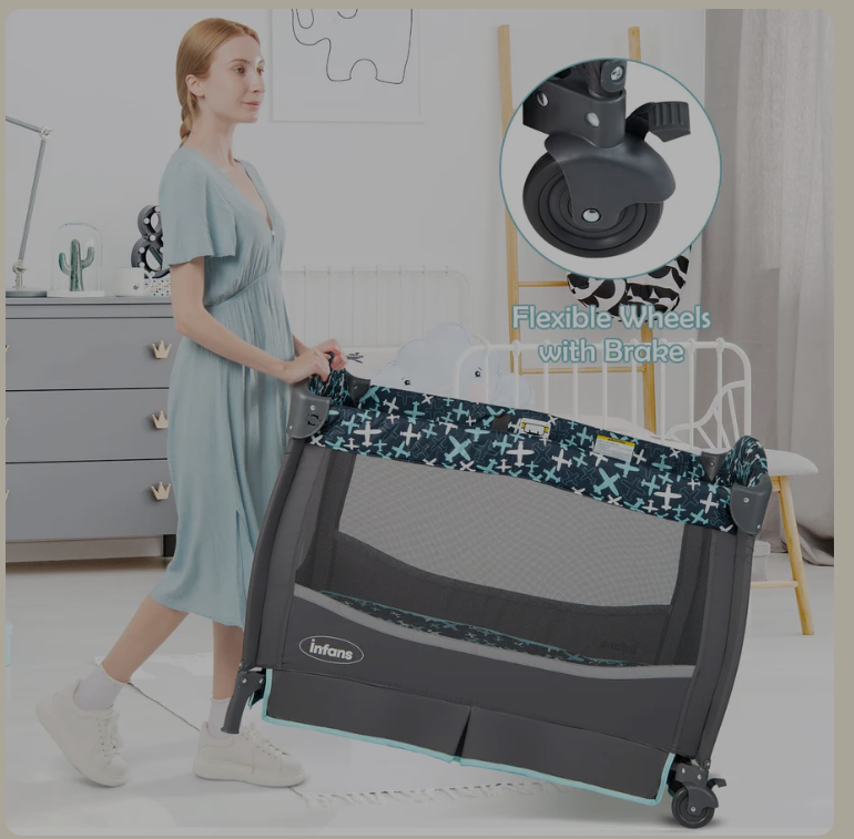 4 in 1 Portable Baby Crib with Flip-Away Changing Table, Foldable Playard Bassinet Nursery Center
