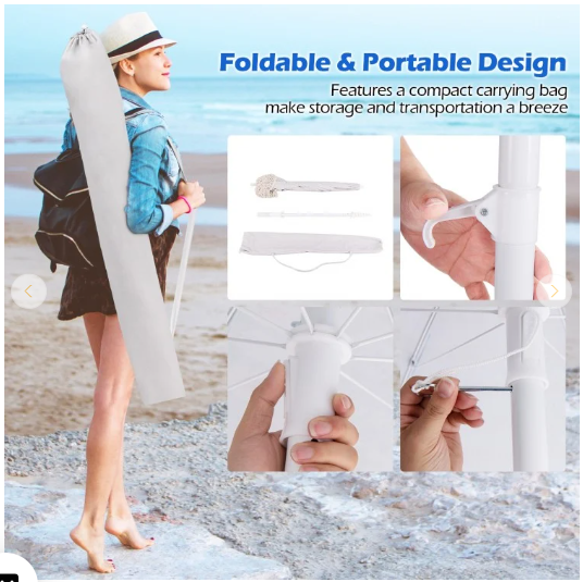 6.5 FT Beach Umbrella with Fringe Outdoor Tassel Umbrella with Push Button Tilt - Light Grey