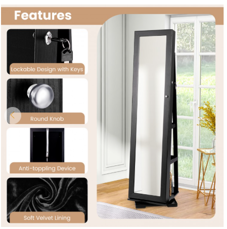 Special - 360° Rotatable 2-in-1 Lockable Jewelry Cabinet with Full-Length Mirror (Assembled)