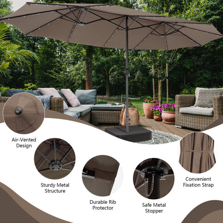 15 Feet Double-Sided Patio Umbrella with 48 LED Lights, beige, weighted stand not included