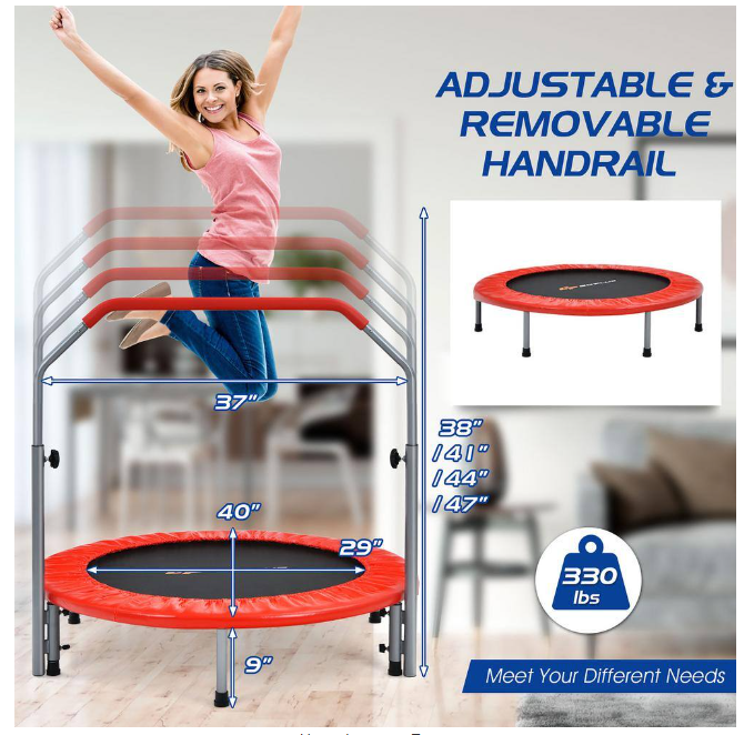 40 Inch Folding Exercise Trampoline Rebounder with 4-Level Handrail Carrying Bag *UNASSEMBLED/IN BOX*