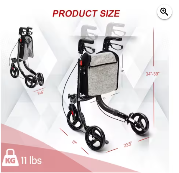 3-Wheel Rolling Walker Folding Rollator Walker with 8 inch Wheels