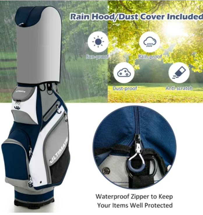 10.5" Golf Stand Bag w/14 Way Full-Length Dividers Rain Hood 7 Zippered Pockets, Blue