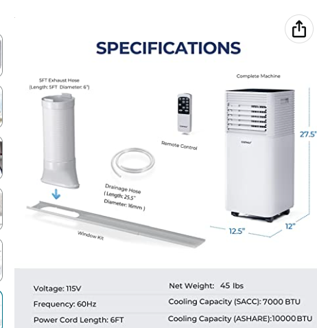 10000 BTU Portable Air Conditioner 3-in-1 Air Cooler w/Dehumidifier & Fan Mode,