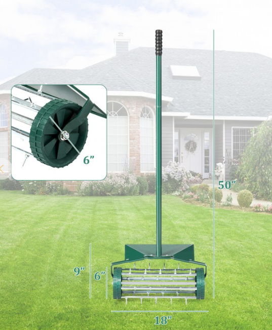 18 Inch Rolling Lawn Aerator with Splash-Proof Fender for Garden