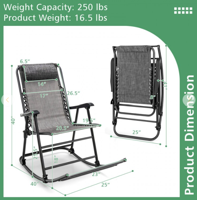 Metal Camping Outdoor Rocking Chair Folding Rocker Footrest Lightweight Outdoor, Grey
