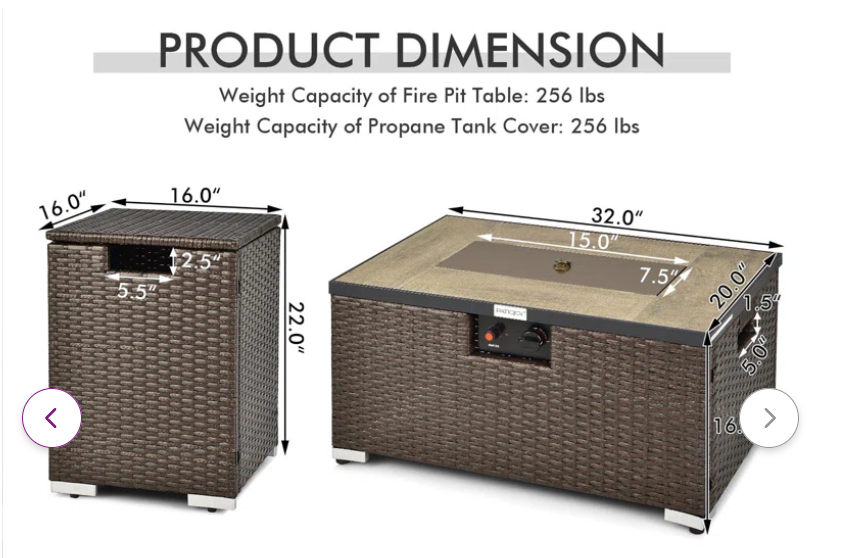 32''x 20'' Propane Rattan Fire Pit Table Set W/ Side Table Tank & Cover 40,000 Btu, - Full Assembled