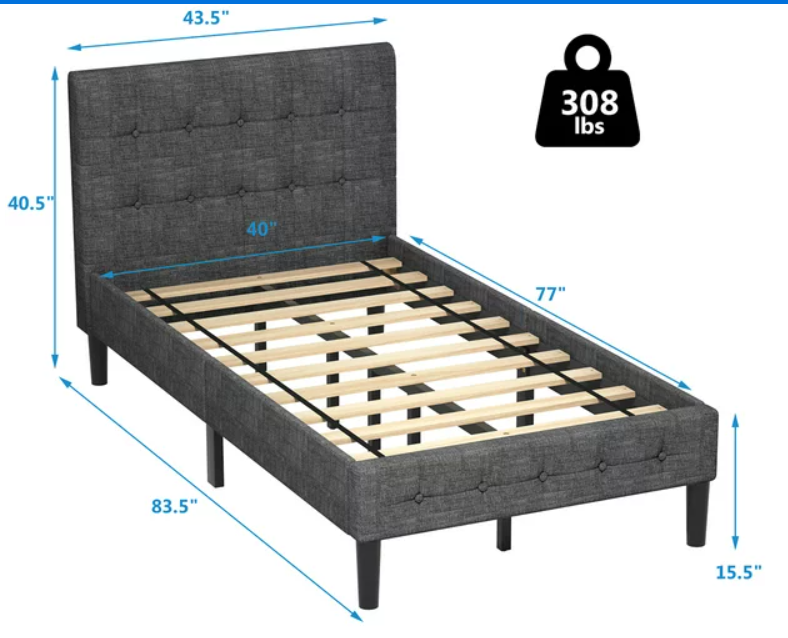 Twin Upholstered Platform Bed, Tufted Headboard, Grey