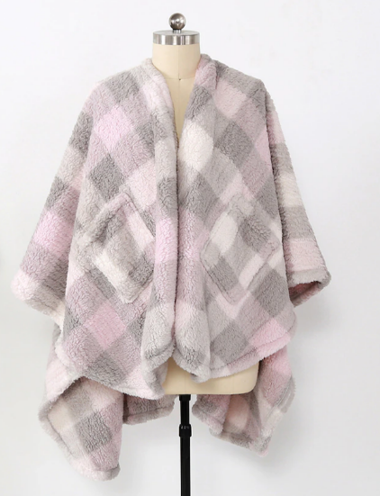 Berkshire Blanket Buffalo Plaid Double-Sided Cape, grey/pink print