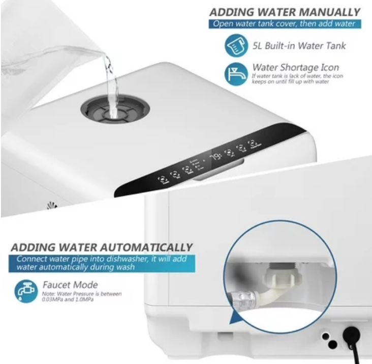 Countertop Dishwasher Air Drying 5 Programs with 1.3-Gallon Built-in Water Tank